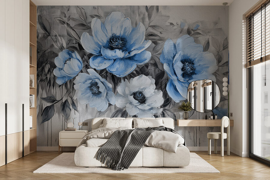 Un tableau de fleurs bleues