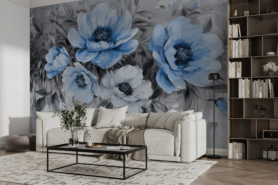 Un tableau de fleurs bleues