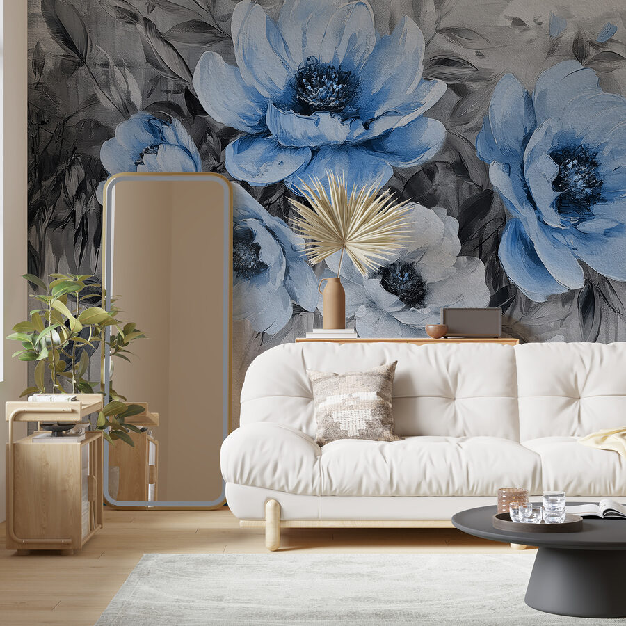 Un tableau de fleurs bleues