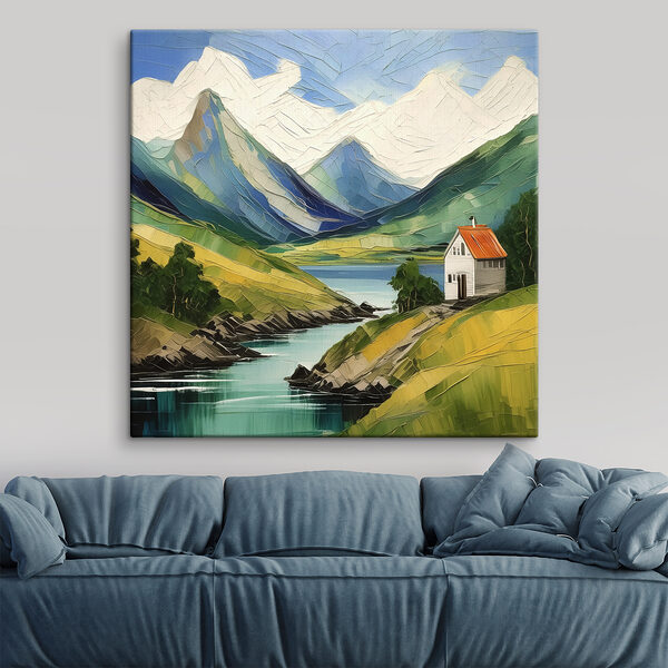 Peinture d'une maison sur une colline au bord d'une rivière Peinture d'une maison sur une colline au bord d'une rivière