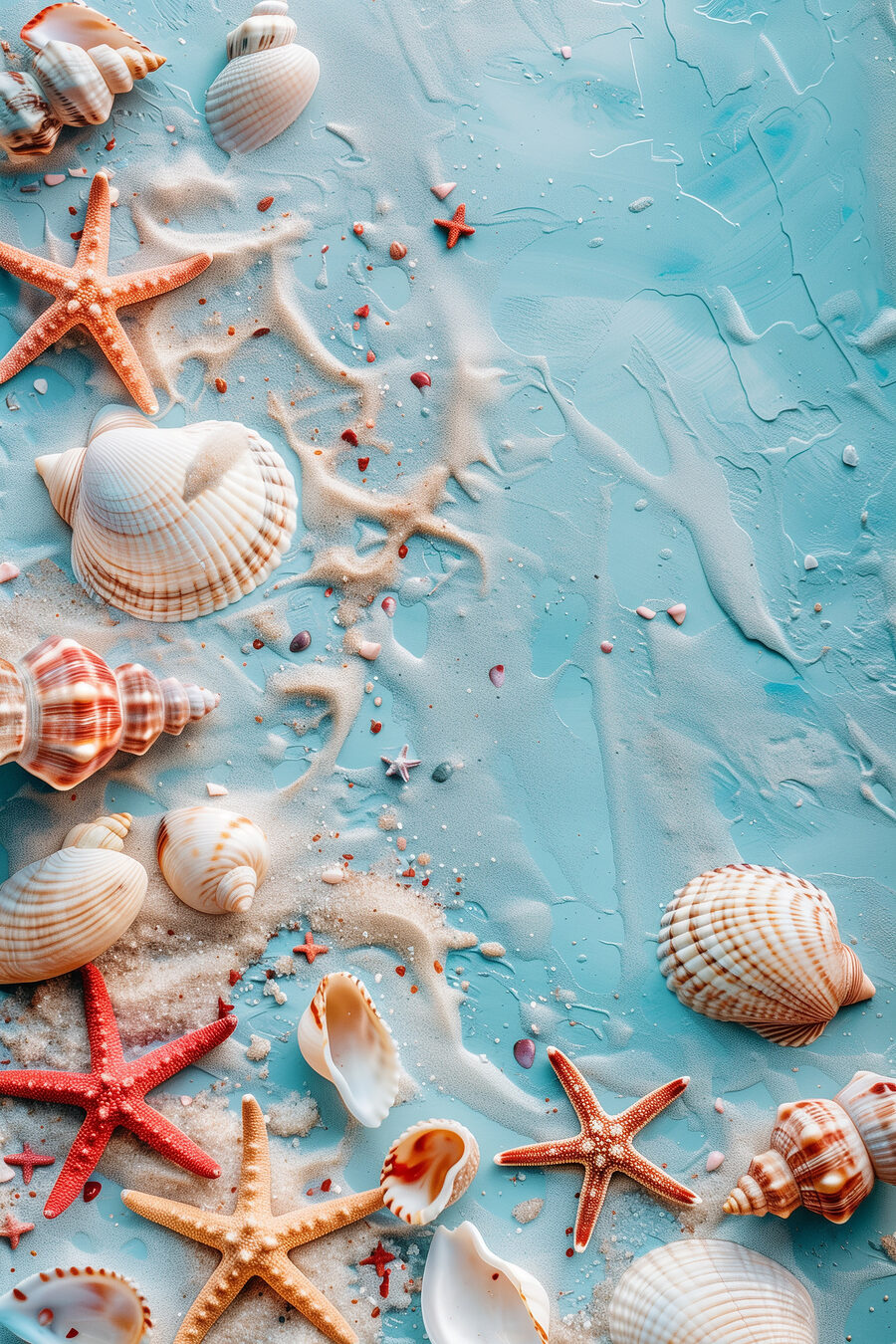 Groupe de coquillages et d'étoiles de mer sur une surface bleue Groupe de coquillages et d'étoiles de mer sur une surface bleue