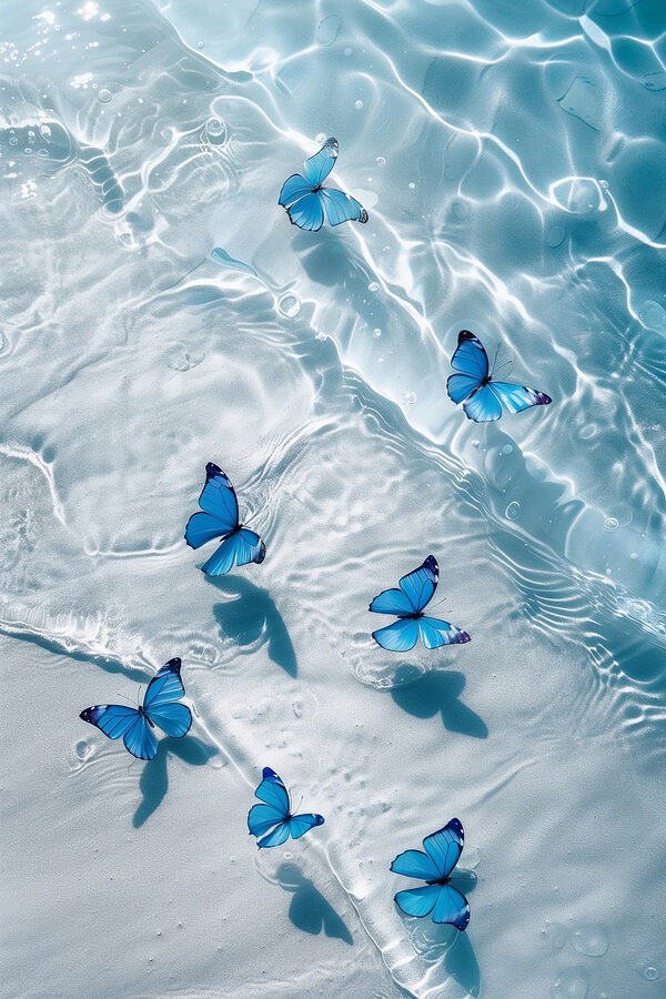 Groupe de papillons bleus flottant sur l'eau Groupe de papillons bleus flottant sur l'eau