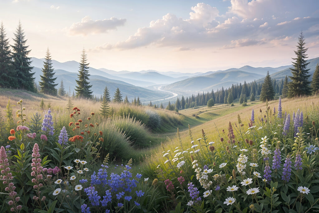 A field of flowers and trees A field of flowers and trees
