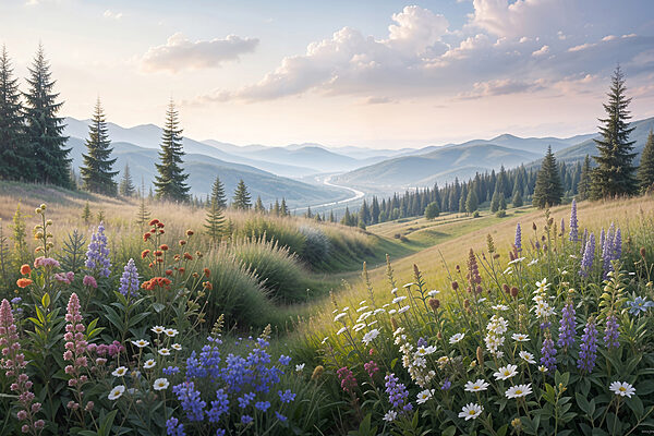 A field of flowers and trees A field of flowers and trees