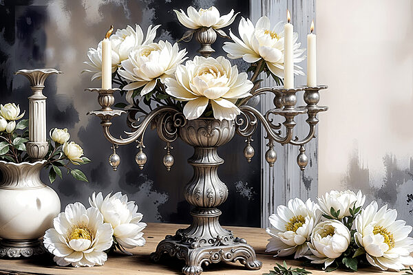 Un candélabre en argent avec des fleurs blanches Un candélabre en argent avec des fleurs blanches