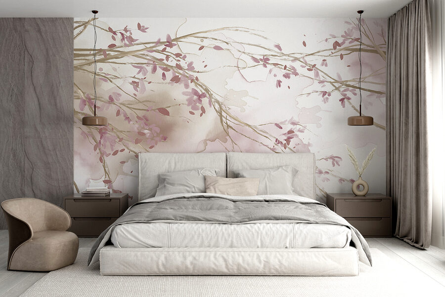 Aquarelle d'une branche d'arbre avec des fleurs roses Aquarelle d'une branche d'arbre avec des fleurs roses