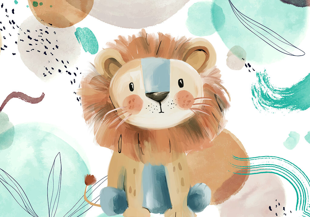Lion de dessin animé avec des taches bleues et blanches Lion de dessin animé avec des taches bleues et blanches