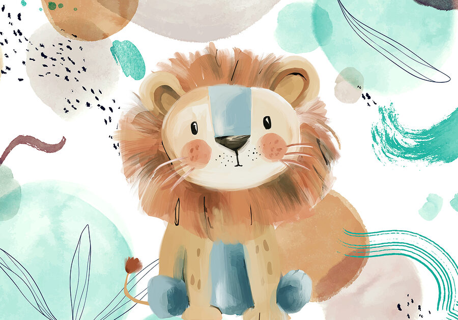 Lion de dessin animé avec des taches bleues et blanches