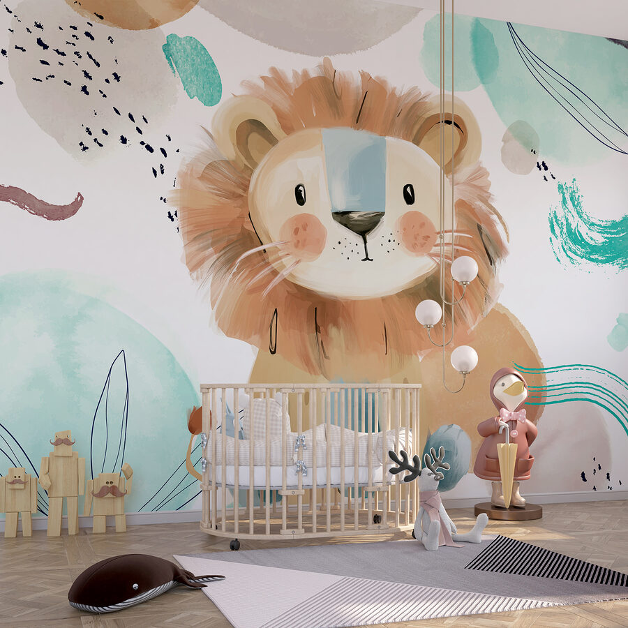 Lion de dessin animé avec des taches bleues et blanches