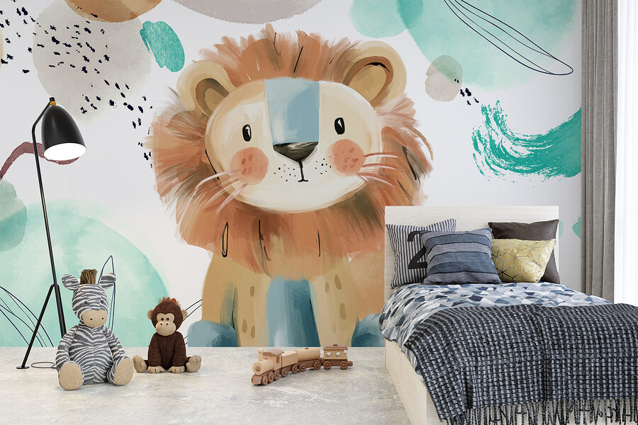 Lion de dessin animé avec des taches bleues et blanches