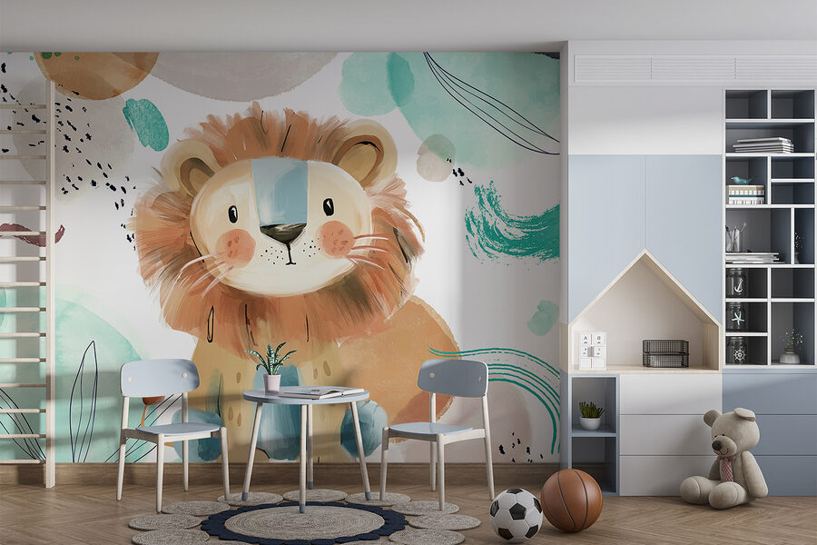 Lion de dessin animé avec des taches bleues et blanches