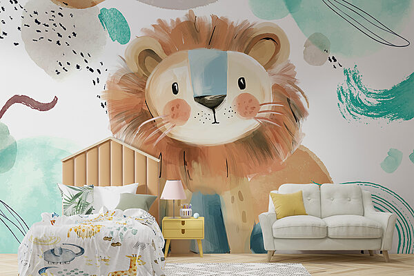 Lion de dessin animé avec des taches bleues et blanches Lion de dessin animé avec des taches bleues et blanches