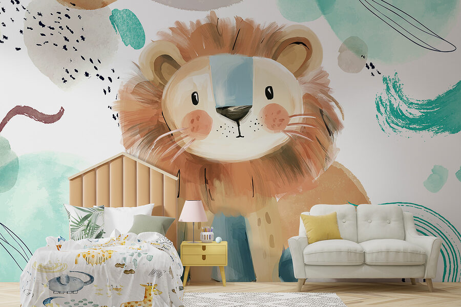 Lion de dessin animé avec des taches bleues et blanches