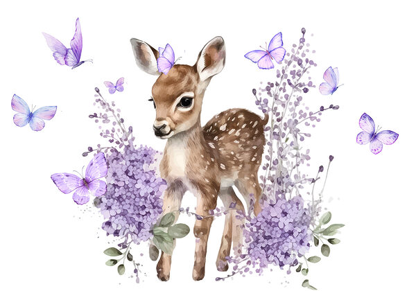 Bébé cerf entouré de fleurs violettes Bébé cerf entouré de fleurs violettes