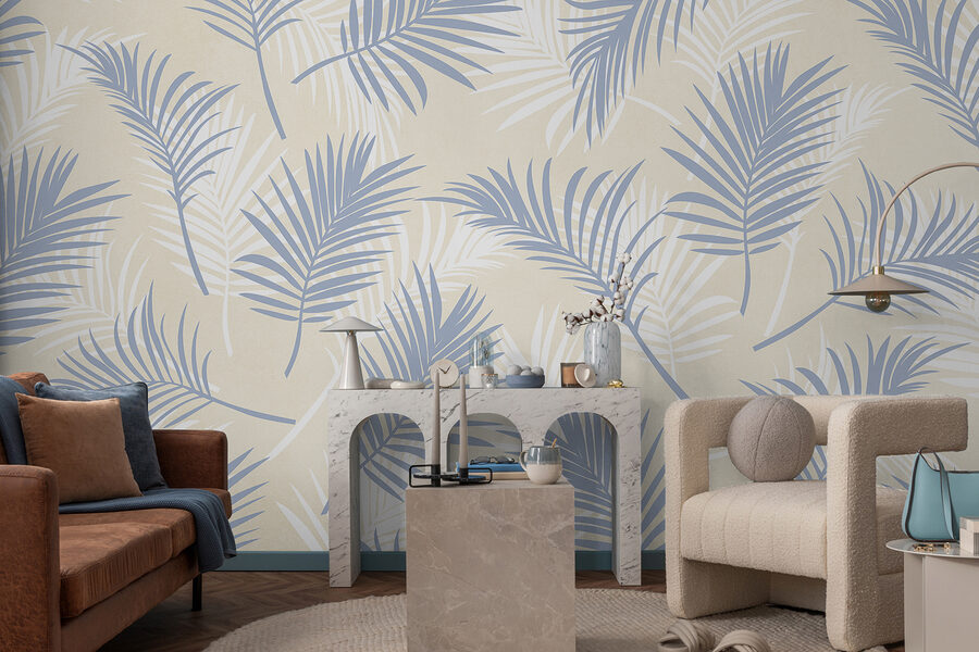 Papier peint Motif de feuilles bleues et blanches