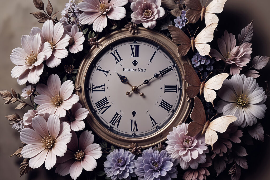 Clock surrounded by flowers