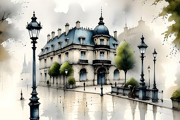 Painting of a building with trees and a street lamp
