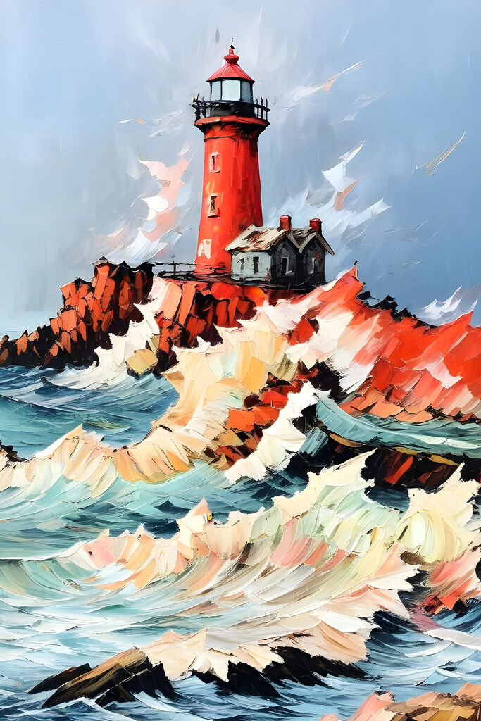 Painting of a lighthouse in the ocean