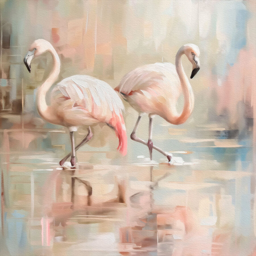 Deux flamants roses marchant sur l'eau