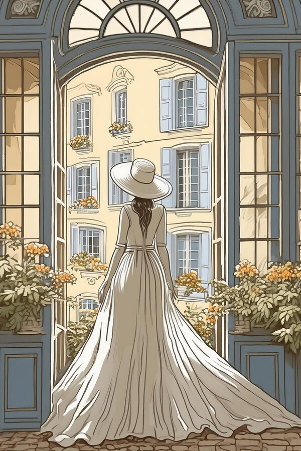 Femme en robe et chapeau regardant par la fenêtre Femme en robe et chapeau regardant par la fenêtre