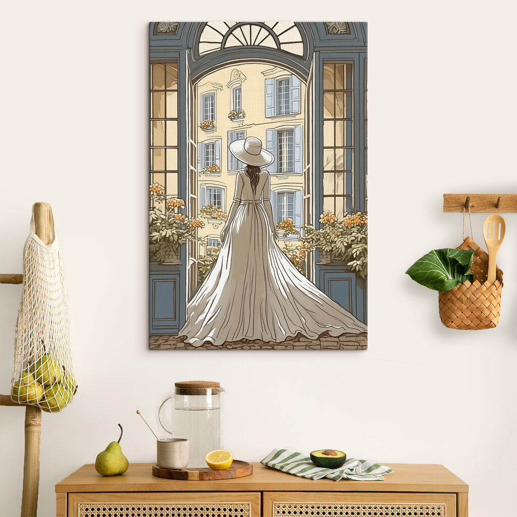 Woman in a dress and hat looking out a window