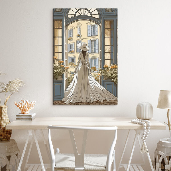 Femme en robe et chapeau regardant par la fenêtre Femme en robe et chapeau regardant par la fenêtre