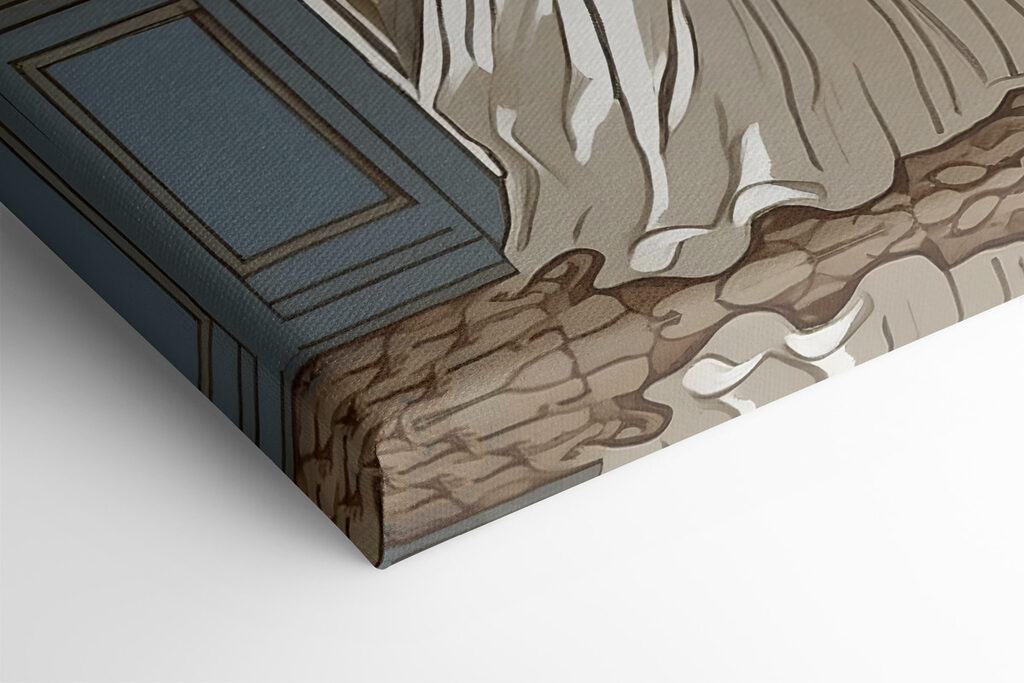 Woman in a dress and hat looking out a window