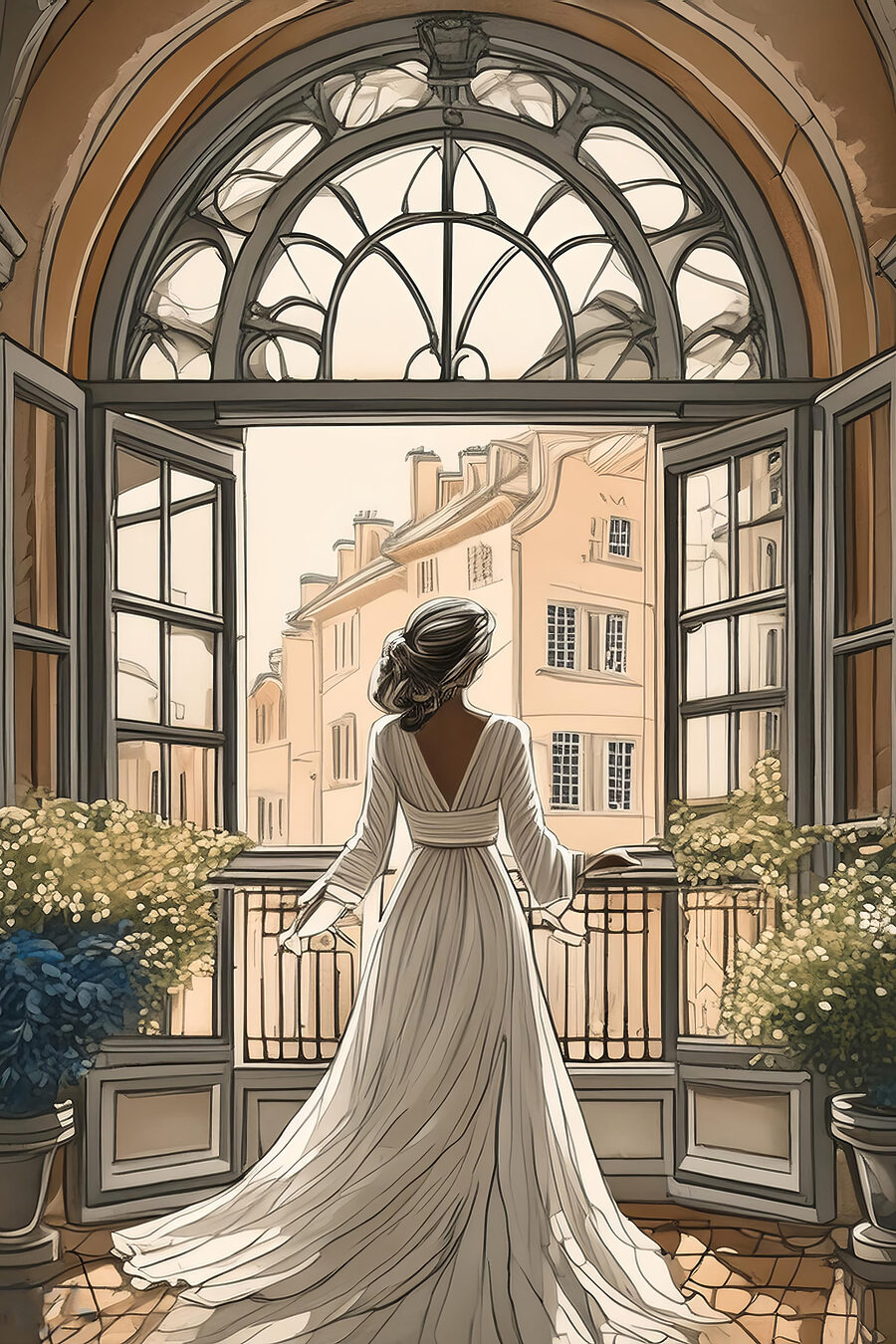 Femme en robe blanche regardant par la fenêtre