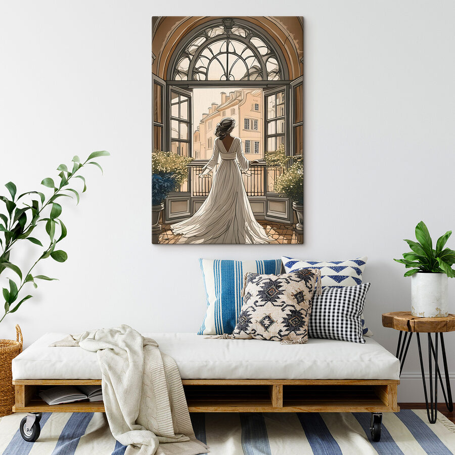 Femme en robe blanche regardant par la fenêtre