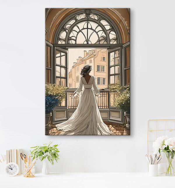 Femme en robe blanche regardant par la fenêtre Femme en robe blanche regardant par la fenêtre