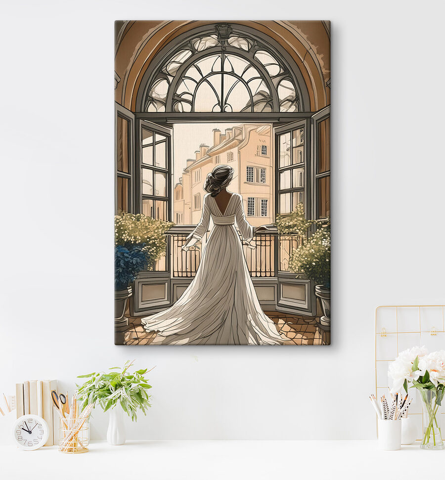Femme en robe blanche regardant par la fenêtre