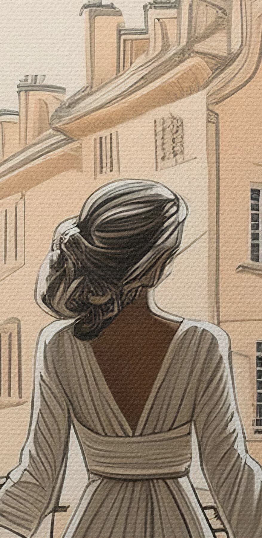 Femme en robe blanche regardant par la fenêtre