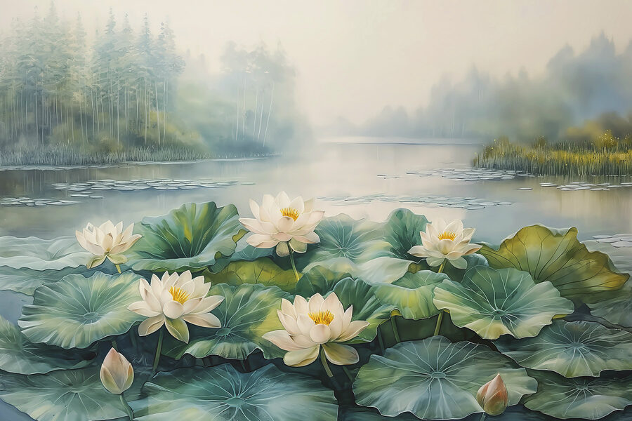 Peinture d'un étang avec des fleurs blanches et des feuilles vertes