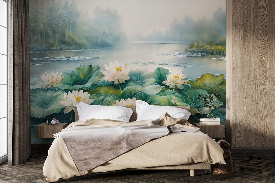 Peinture d'un étang avec des fleurs blanches et des feuilles vertes