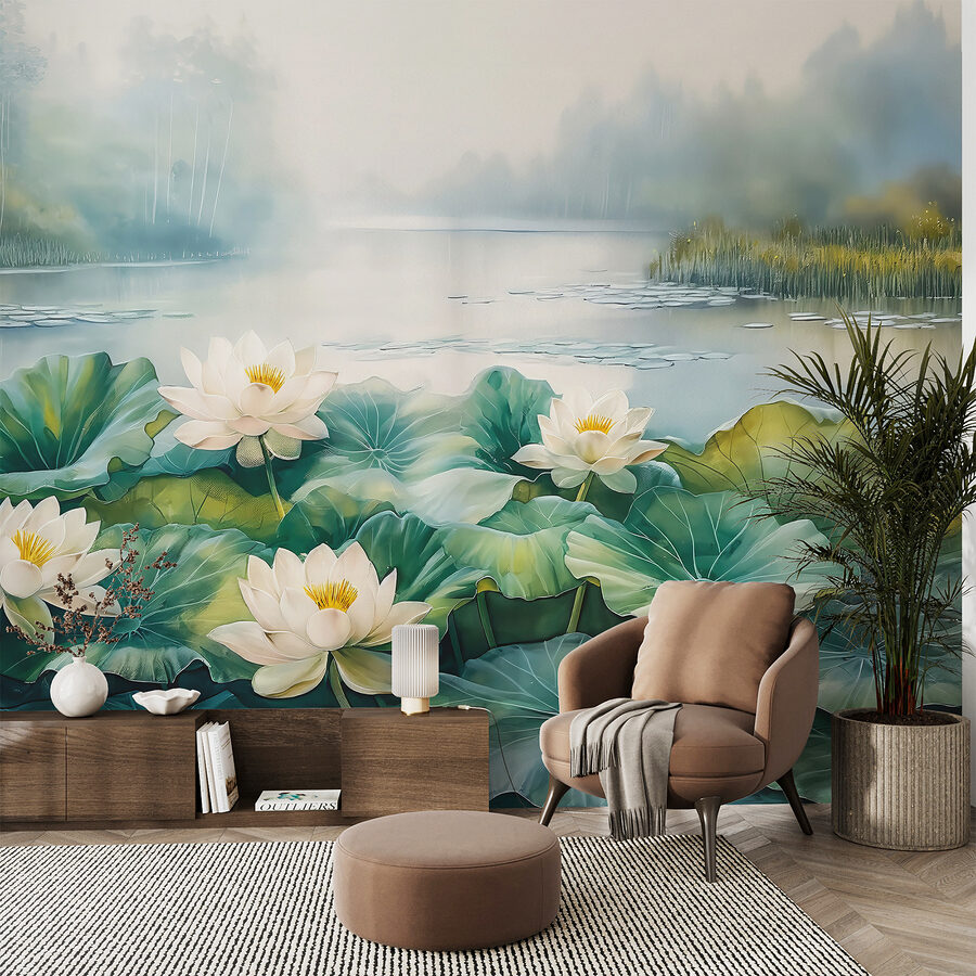 Peinture d'un étang avec des fleurs blanches et des feuilles vertes