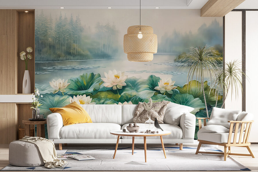 Peinture d'un étang avec des fleurs blanches et des feuilles vertes