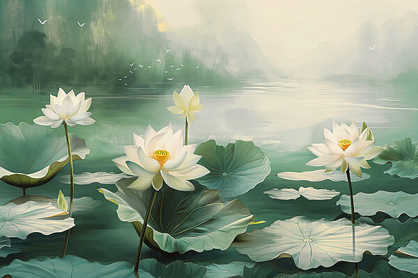Peinture de fleurs blanches et de feuilles dans un lac Peinture de fleurs blanches et de feuilles dans un lac