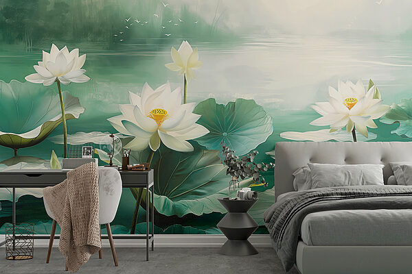 Peinture de fleurs blanches et de feuilles dans un lac Peinture de fleurs blanches et de feuilles dans un lac