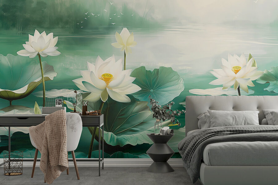 Peinture de fleurs blanches et de feuilles dans un lac