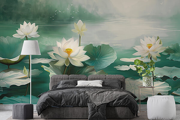 Peinture de fleurs blanches et de feuilles dans un lac Peinture de fleurs blanches et de feuilles dans un lac