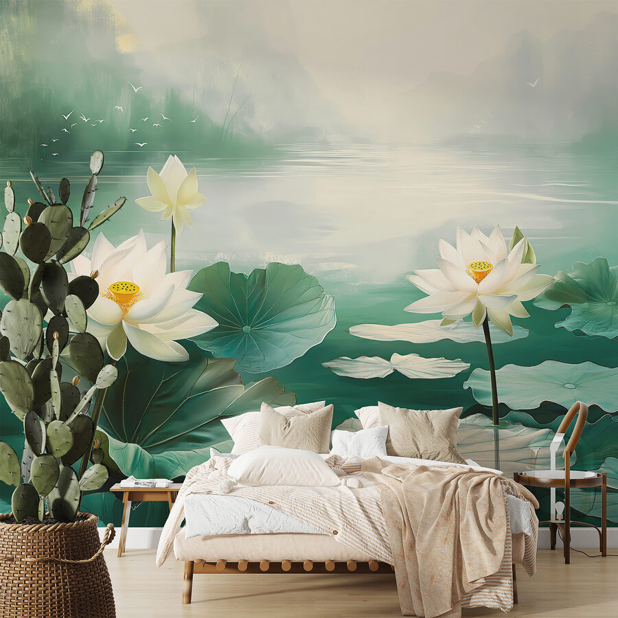 Peinture de fleurs blanches et de feuilles dans un lac