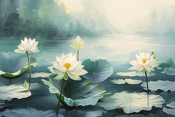 Peinture de fleurs et de feuilles blanches sur l'eau Peinture de fleurs et de feuilles blanches sur l'eau
