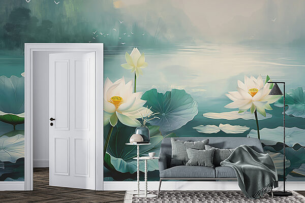 Peinture de fleurs et de feuilles blanches sur l'eau Peinture de fleurs et de feuilles blanches sur l'eau