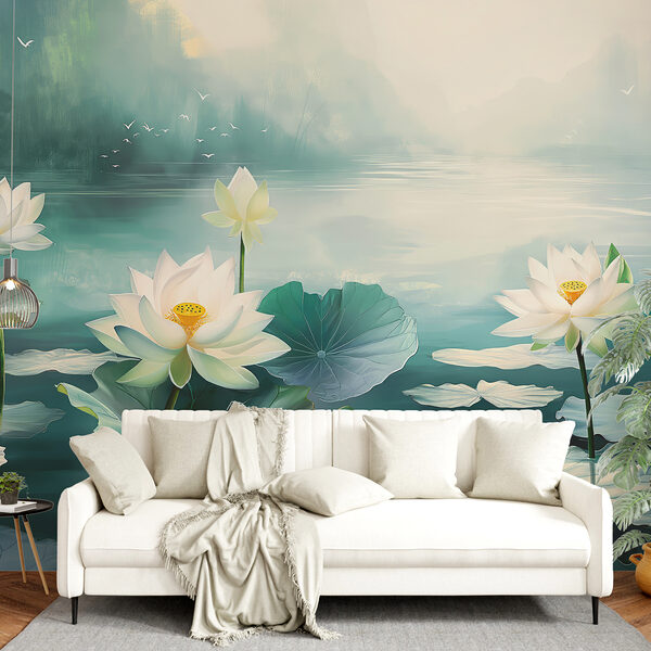 Peinture de fleurs et de feuilles blanches sur l'eau Peinture de fleurs et de feuilles blanches sur l'eau