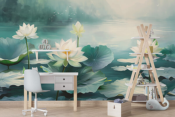 Peinture de fleurs et de feuilles blanches sur l'eau Peinture de fleurs et de feuilles blanches sur l'eau