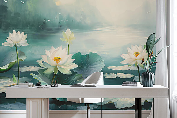 Peinture de fleurs et de feuilles blanches sur l'eau Peinture de fleurs et de feuilles blanches sur l'eau