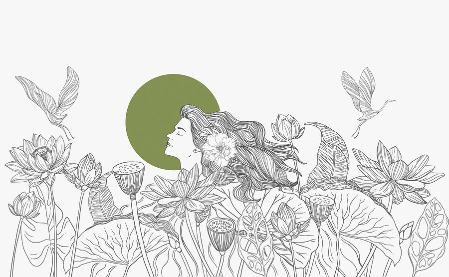 Papier peint Dessin d'une femme aux cheveux longs et aux fleurs – Image 5