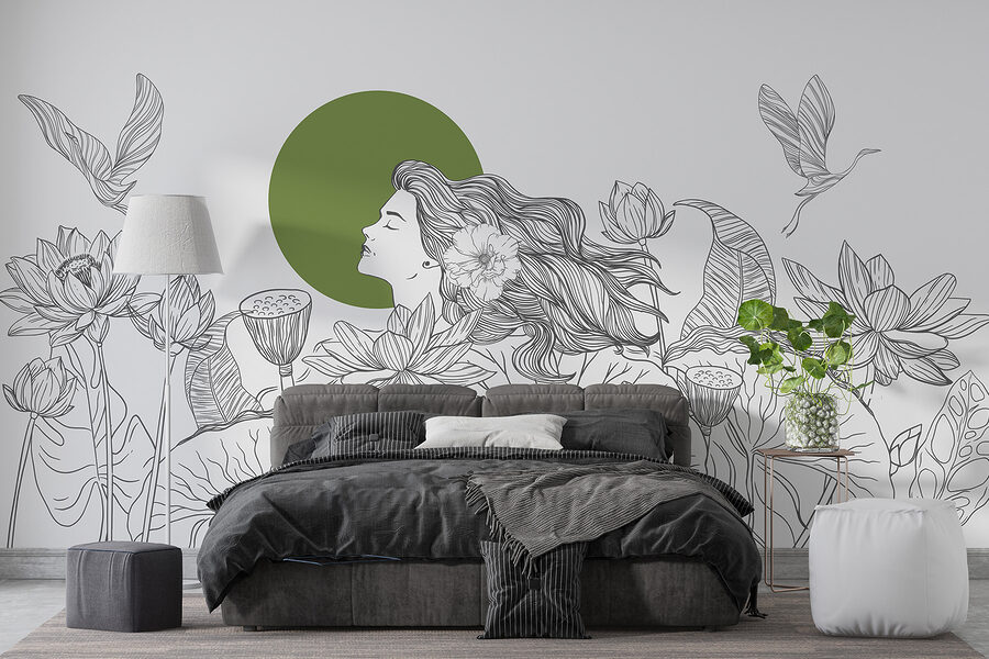 Papier peint Dessin d'une femme aux cheveux longs et aux fleurs