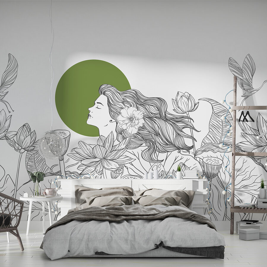 Papier peint Dessin d'une femme aux cheveux longs et aux fleurs – Image 2