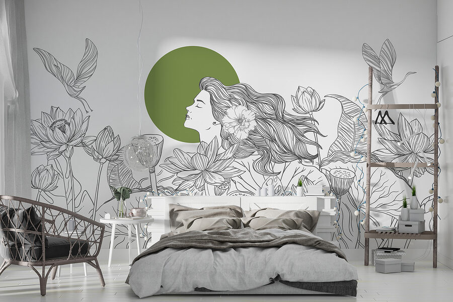 Papier peint Dessin d'une femme aux cheveux longs et aux fleurs – Image 3